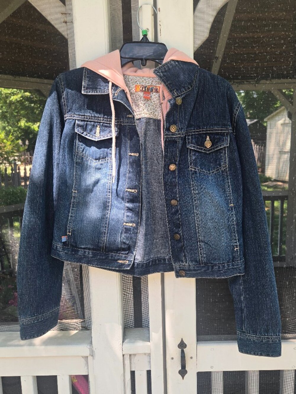 Nwot Nordstrom Cotton Denim Layered Hoodie Trucker Jacket dark wash & baby pink